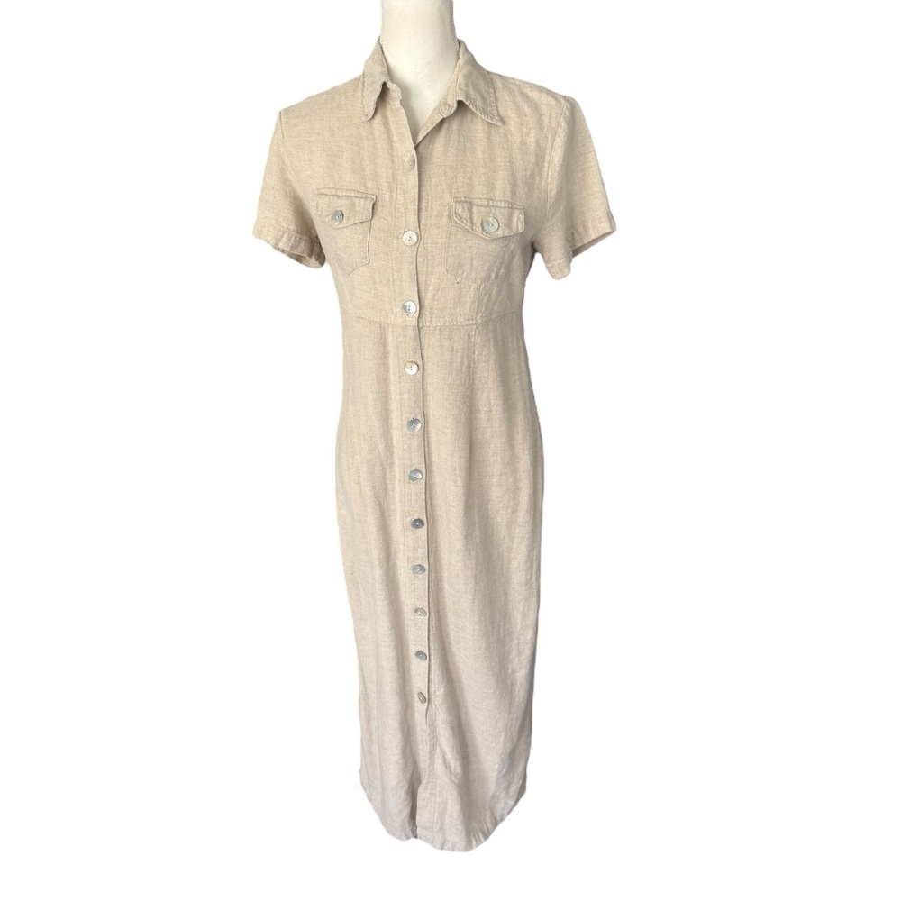Vtg 90s casual corner cream linen Button-Down Dress maxi women 8 petite 8p